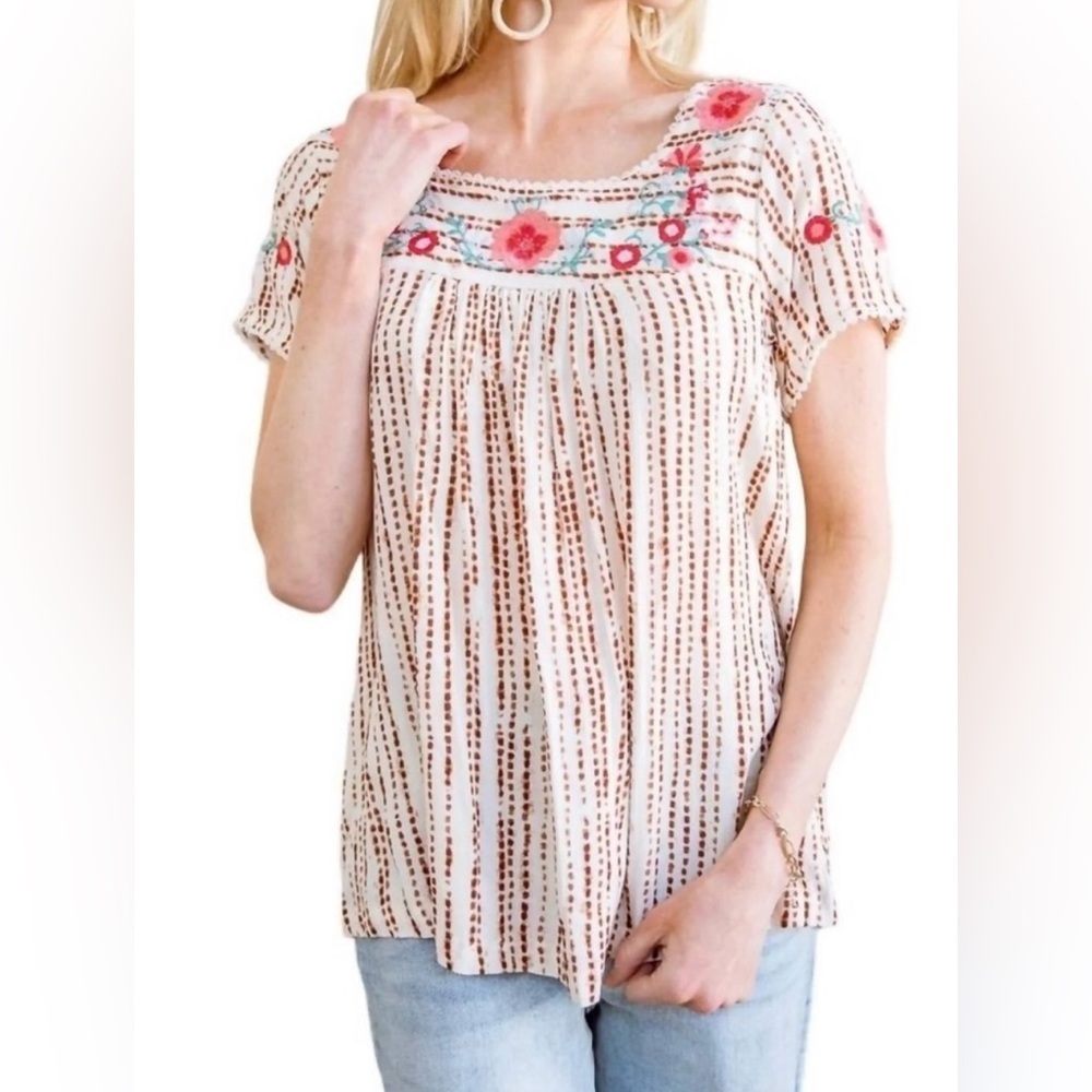 NTM: Savanna Jane Dot Striped Floral Embroidered Peasant Blouse Sz Large - Picture 15 of 15